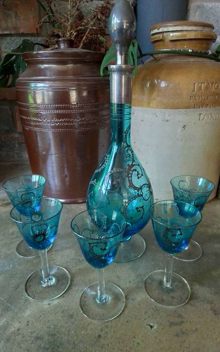 Vintage Venetian Glass with overlay Decanter Set