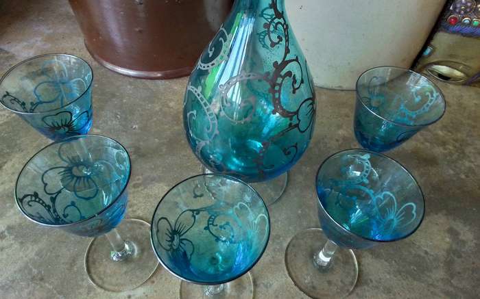 Vintage Venetian Glass with overlay Decanter Set