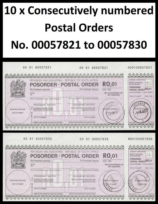 Republic of South Africa.  10 x Consecutively Numbered Postal Orders.
