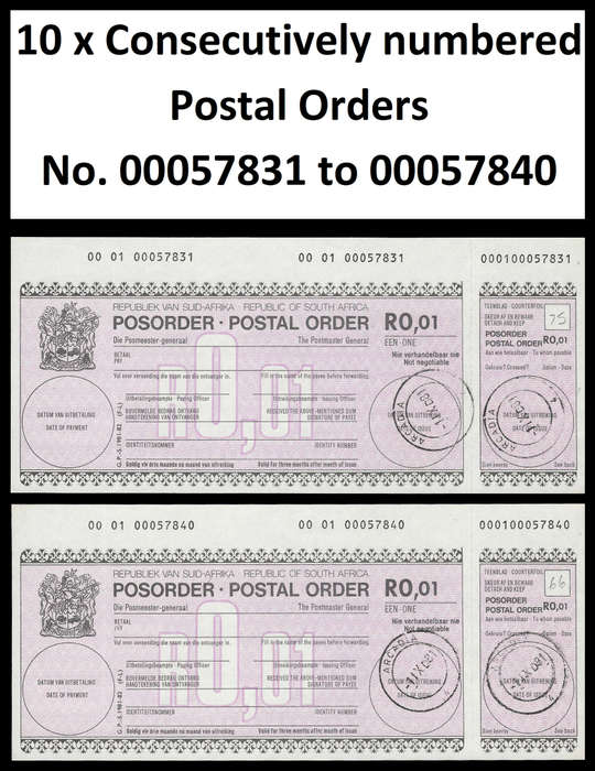 Republic of South Africa.  10 x Consecutively Numbered Postal Orders.