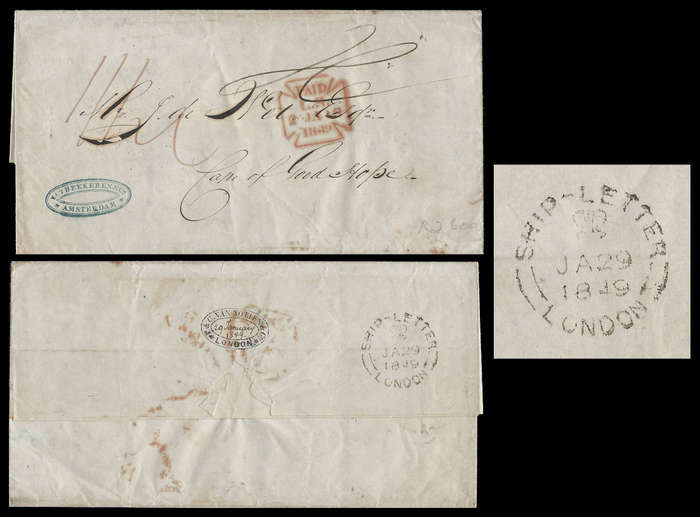 Great Britain.  1849 Entire from Amsterdam to Cape of Good Hope. London Ship Letter cancel on rever