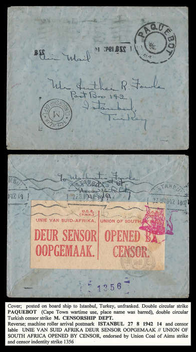 Union of South Africa.  World War 2 Censored Paquebot cover.