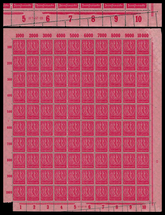 Germany - Reich.  1922 Official.  Complete sheet with misperforation.  Unmounted mint.
