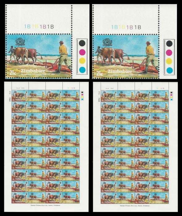 Zimbabwe. Shift of Blue in complete sheet.  Price  R20-00/ stamp.  UM.