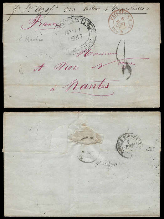 Mauritius.  1857 Letter to France with Packet Letter strike.