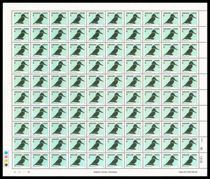 Zimbabwe. Complete sheet $100 000-00 Kingfisher. Cat.value R28 000-00+.  UM.
