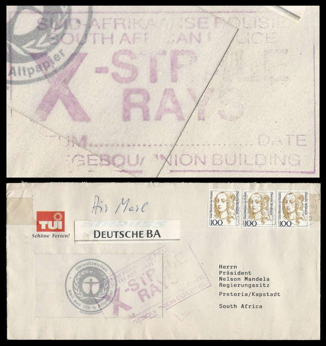 Republic of South Africa.  Addressed to Nelson Mandela with S.A.P.S X-Rays cachet.