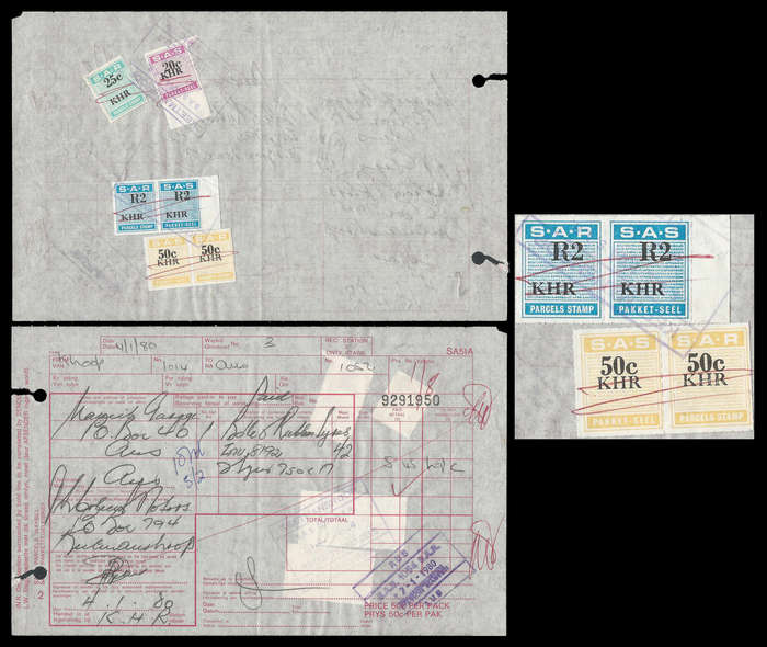 South West Africa.  S.A.R. Waybill (Keetmanshoop to Aus).  2 Horisontal pairs).