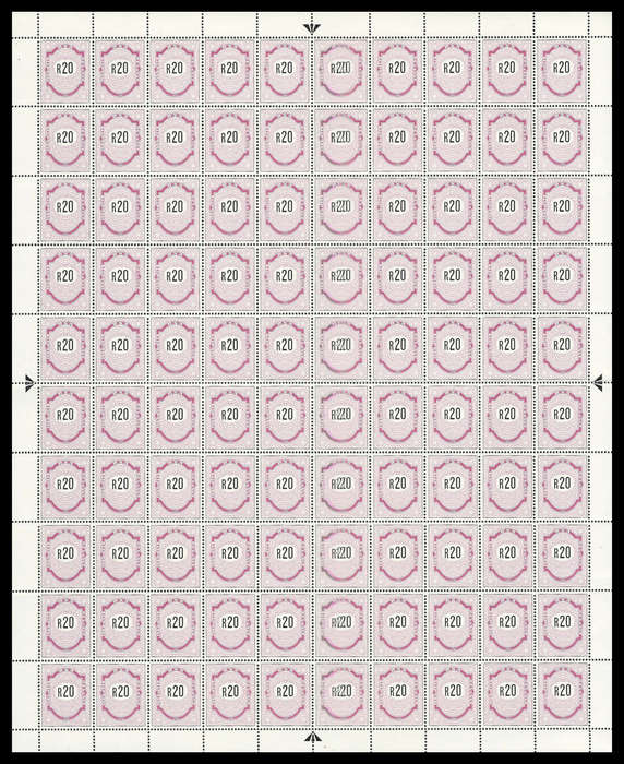 Republic of South Africa.  R20-00 Revenue stamp/  Complete sheet of 100.  Face Value R2 000-00.  UM.