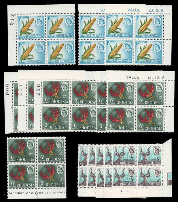 Rhodesia. 14 Control, Sheet Number, Sheet Value Blocks + Imprint Block.  UM.