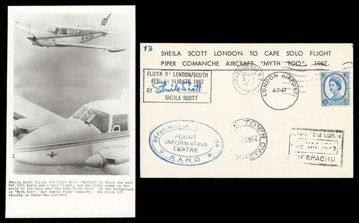R.S.A.  London to Cape Town Solo Flight cover signed by pilot Sheila Scott.  Plus postcard.