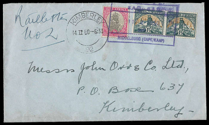 Union of South Africa.  Genuinely used Railway Letter Cover.