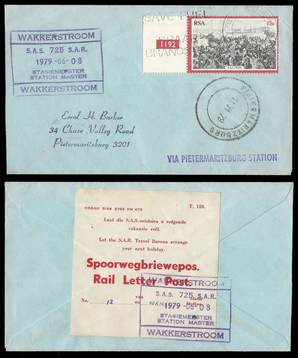 South African Railways.  Cover with WAKKERSTROOM rubber cachet and T.110 Label.