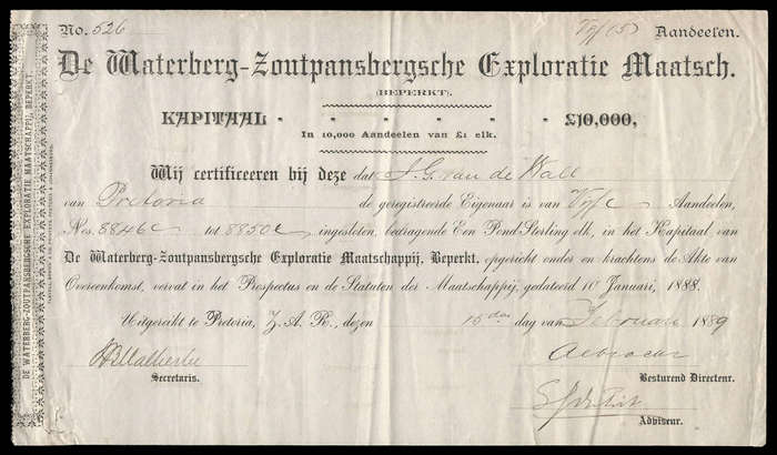 Z.A.R.  1889 Waterberg-Zoutpansbergsche Exploratie Maatschappij Beperkt share certificate.