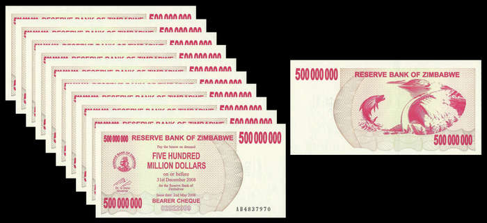 Zimbabwe.  Uncirculated.  10 x Sequential 500 Million Dollars Bearer Cheque.