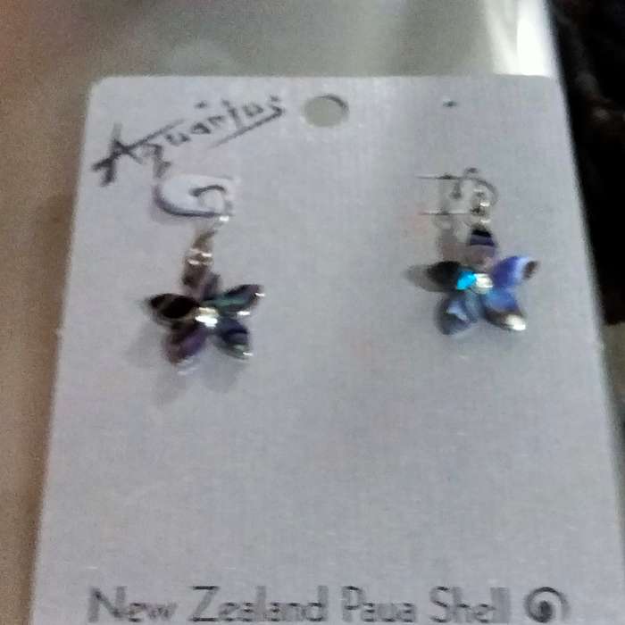 EARRINGS- SMALL flower SHAPE  centre has crystal PAUA SHELL leaves for pierced ears TONE METAL
