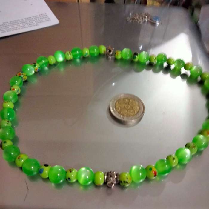 Necklace Murano Art glass hand blown beads dots Green+Synthetic round Look at my Buy Now No Waiting