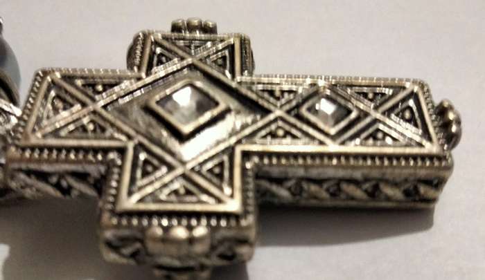 NECKLACE Cross double sided cut Glass clear faceted sq. crystal stones Gold Silver black metal chain