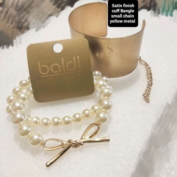 3 Bracelet 2 BALDI LONDON original label stretch Faux Pearl + Bangle Cuff yellow metal small chain