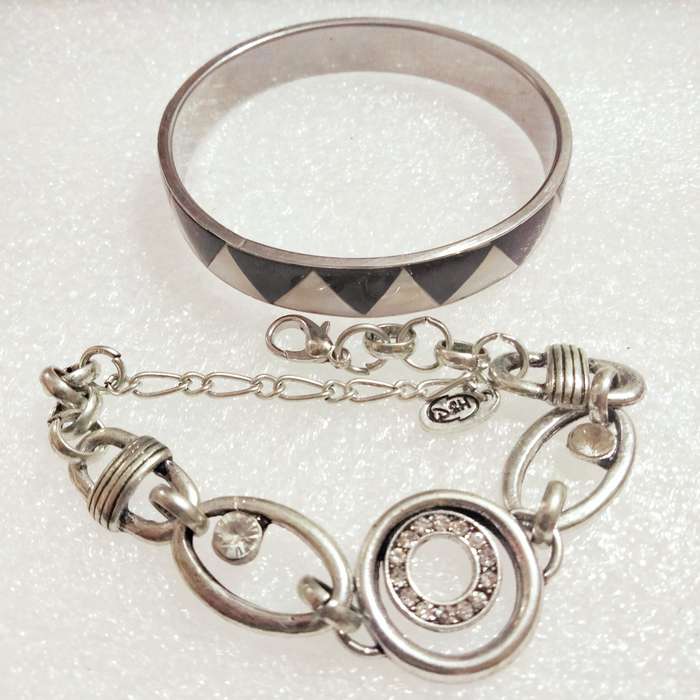 2 -1 Bangle solid Mother of Pearl black+cream triangle+1 Bracelet crystal pavsilver tone metal links