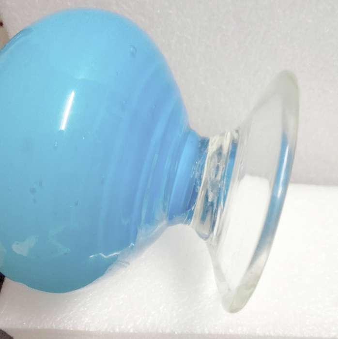 VASE  vintage Opaline Light blue white cased glass Hand blown clear glass foot
