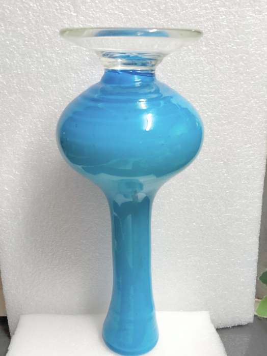 VASE  vintage Opaline Light blue white cased glass Hand blown clear glass foot