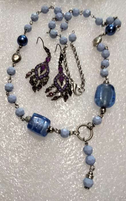 NECKLACE Italian glass foil lampwork 2 Big Blue+Synthetic+earrings LOOK at my BUY NOW - NO WAITING