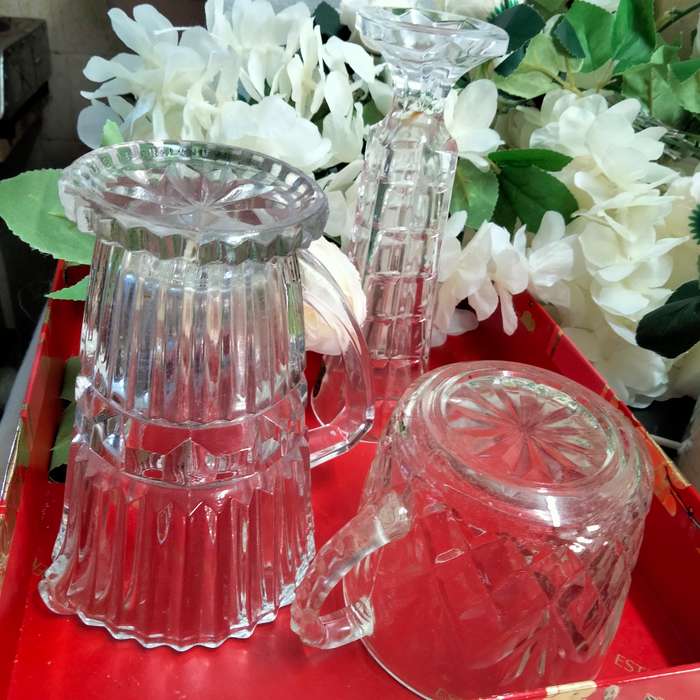JUG England diamond cut ribbed Art deco-1 Crystal d Arques Vase chip- Double handle bowl itsy crack
