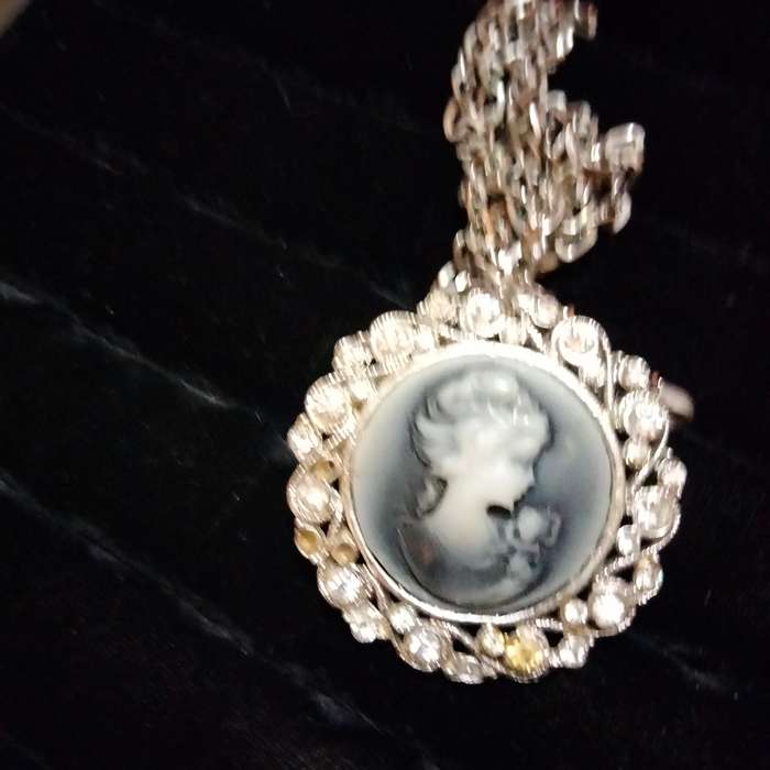 Necklace -Vtg West Germany Cameo Pendant Crystals composite + Silver tone chain