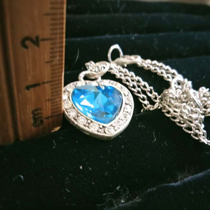 Necklace -Heart Blue simulated Topaz+Crystals+marcasite + Silver tone chain - anomaly LOOK