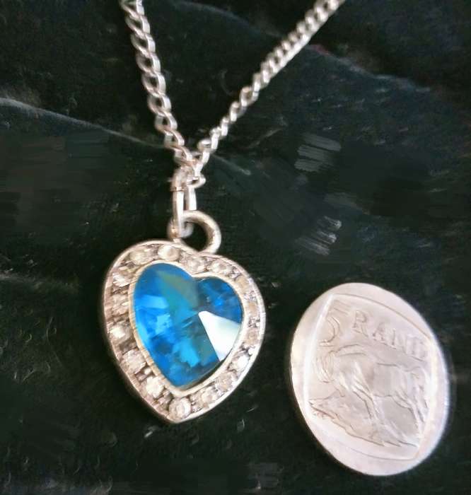 Necklace -Heart Blue simulated Topaz+Crystals+marcasite + Silver tone chain - anomaly LOOK