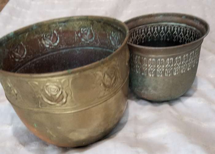 2 BRASS Planters embossed  SCOTTISH Art's+Craft Style Embossed ROSES 1