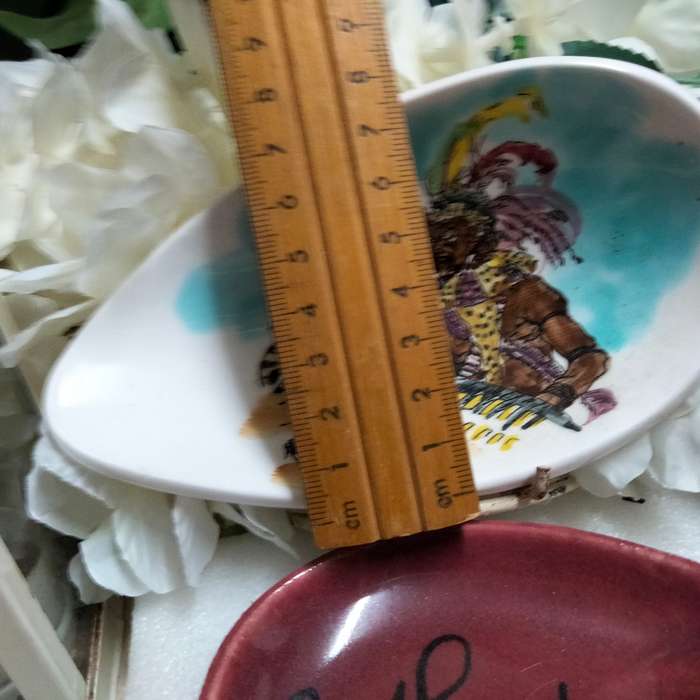 2 Ashtrays  - Van hunks Hand painted S.A. tribal scene+ One has East London on