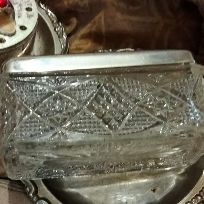 Antique 1900Glass trinket Box English Hobdaisy diamond cut Silver tone metal lid brass chariot scene