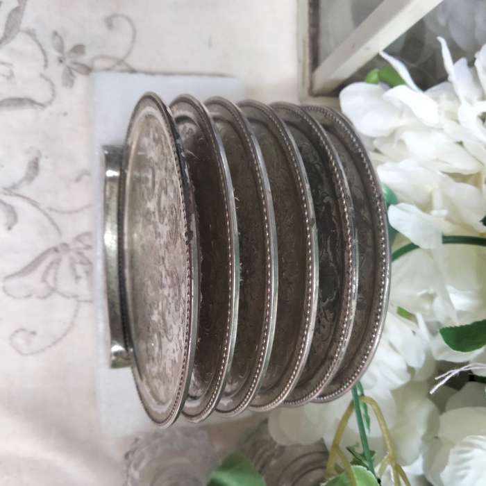 IANTHE silver plated -6 Drip Coasters+Stand-England LOOK at my BUY NOW listings NO WAITING Waiting