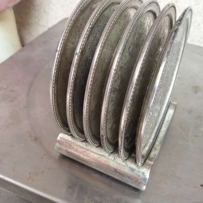 IANTHE silver plated -6 Drip Coasters+Stand-England LOOK at my BUY NOW listings NO WAITING Waiting