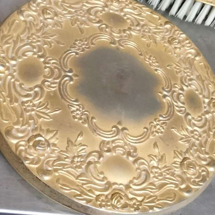 1950s 1 BRUSH+MIRROR SET Gilded Tone metasmall roses Vanity dressing table decor- heavy some ware