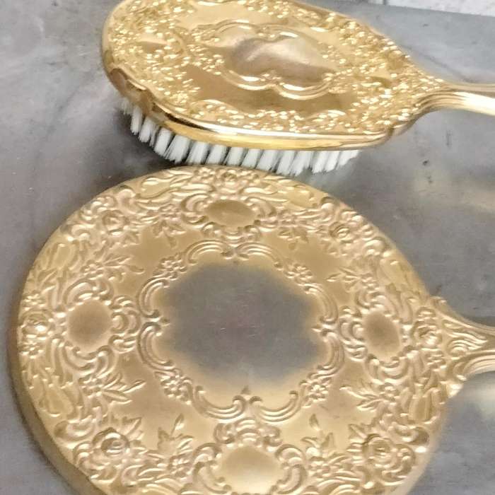 1950s 1 BRUSH+MIRROR SET Gilded Tone metasmall roses Vanity dressing table decor- heavy some ware