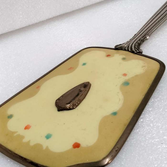 Yellow back Hand MIRROR  Art Deco style long metal handle