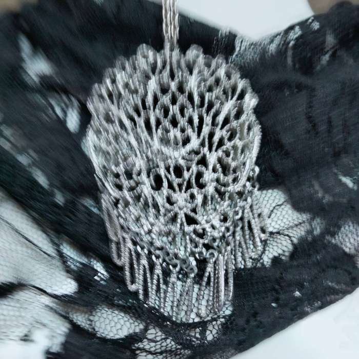 Necklace Pendant FILIGREE Intricate patt. Silver tone meta+Chain LOOK At My BUY NOW ltems NO WAITING
