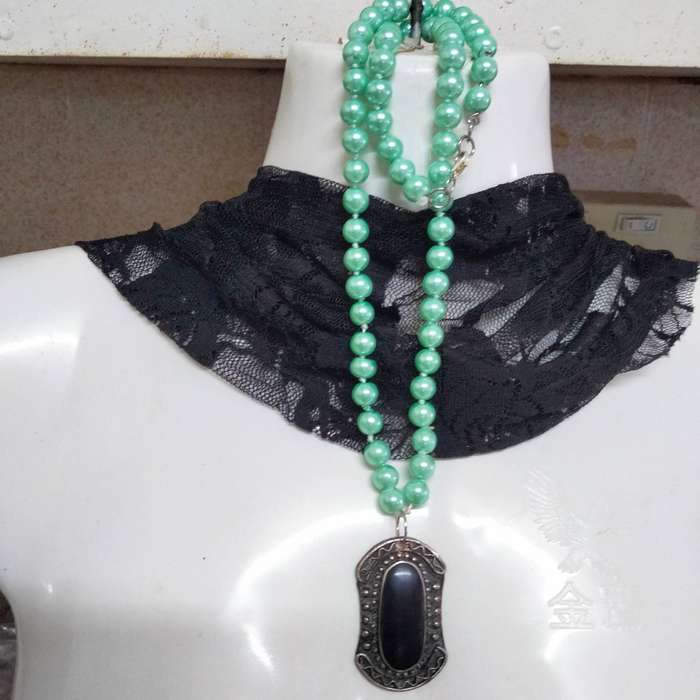 Pearls faux Aqua+Pendant Tibetan style Black onyx fauxLOOK At My BUY NOW LISTINGS NO WAITING