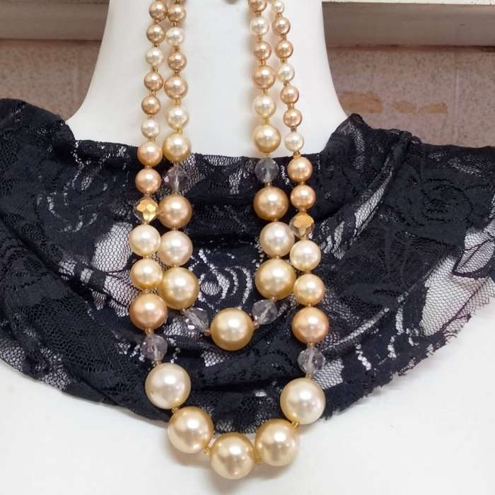 1 Necklace- vintage bib 2 strand faceted cut crystal clear+graduating faux Pearls