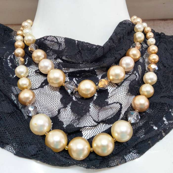 1 Necklace- vintage bib 2 strand faceted cut crystal clear+graduating faux Pearls