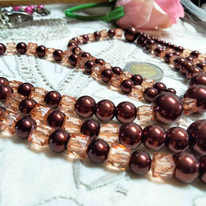 NECKLACE Bib  purple glass beads interspaced square lighter LOOK at my BUY NOW LISTINGS NO WAITING