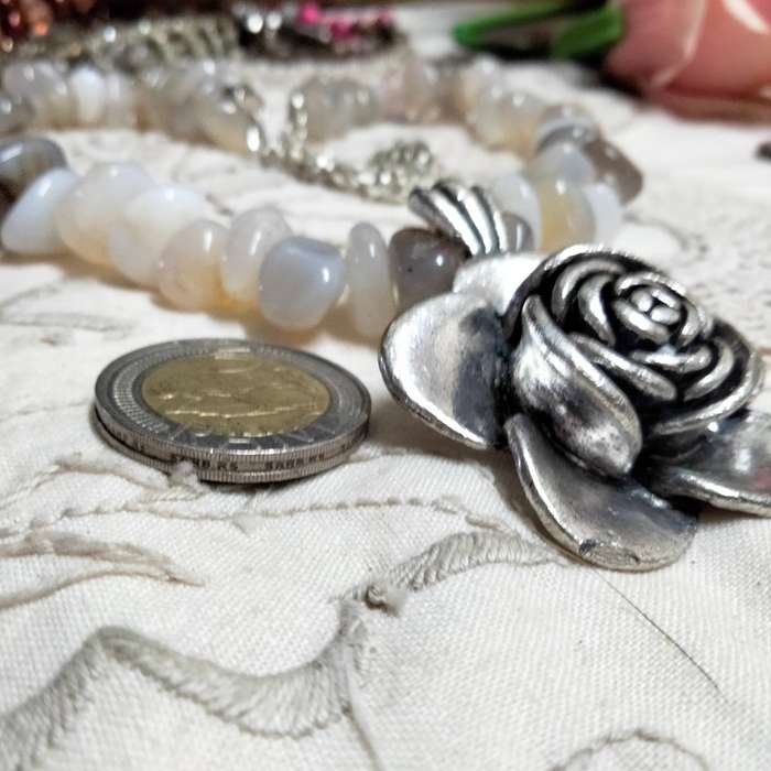 Necklace QUARTZ smokey+milky irregular semi-precious gemstone pendant large rose silver tone metal