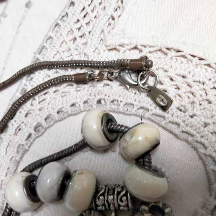 Vintage  Necklace1960s Marbled beads core Sterling Silver stamped 925 +Snake Silver tone chain