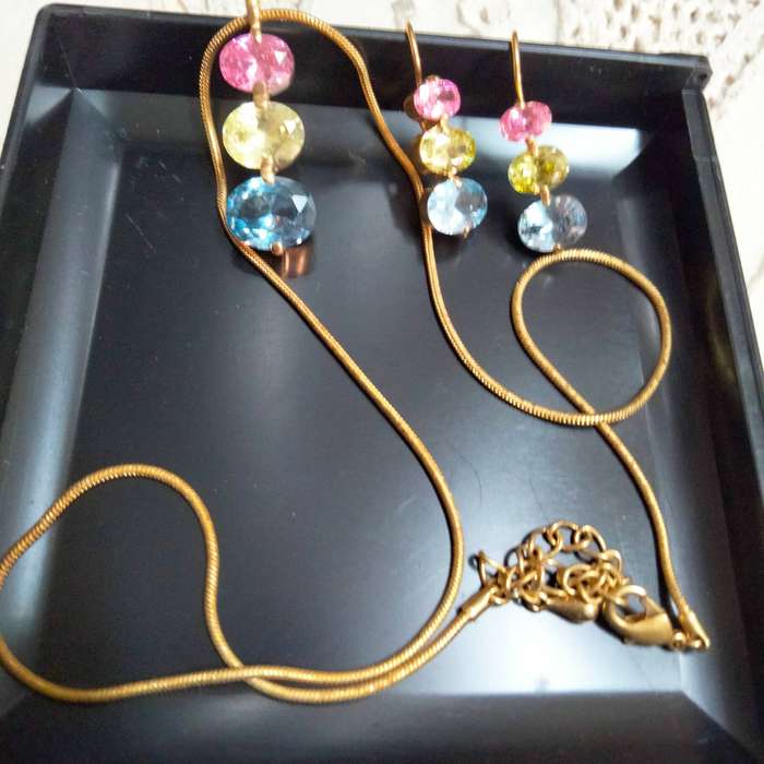 Necklace+Bracelet Aurora 3 pretty crystals chain gold Tone metal blue stones
