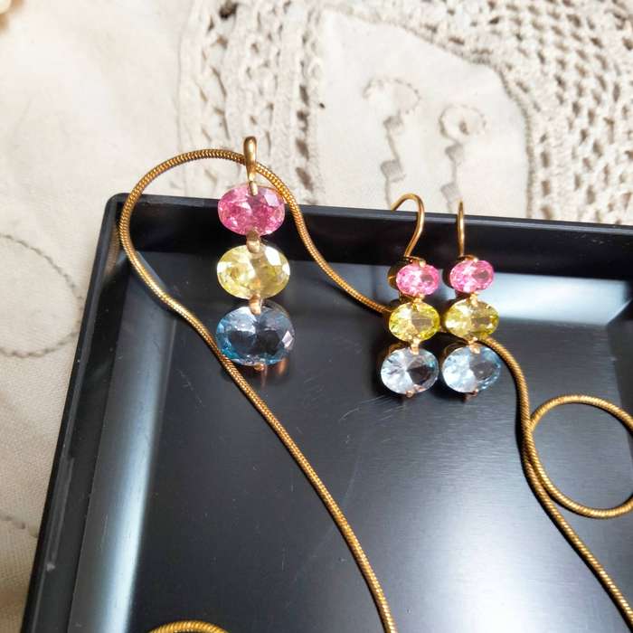 Necklace+Bracelet Aurora 3 pretty crystals chain gold Tone metal blue stones