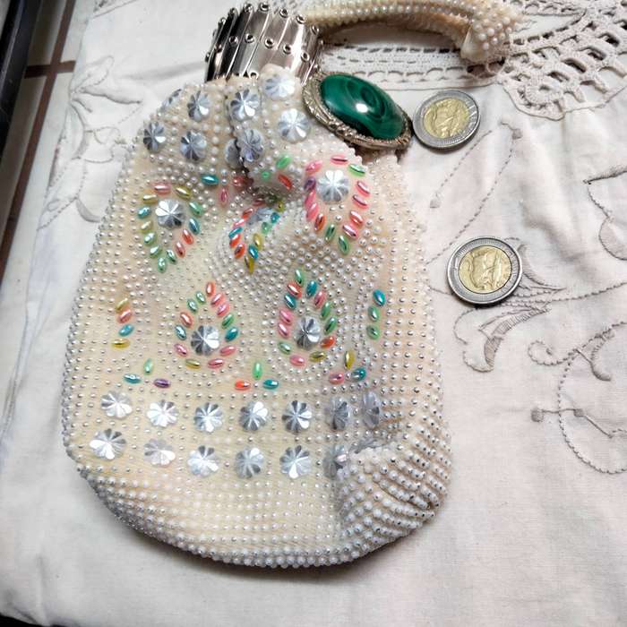 Vintage Purse Expanding Gate top Purse+ BROOCH Polished MALACHITE Gemstone crack Gold tone