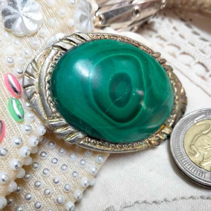 Vintage Purse Expanding Gate top Purse+ BROOCH Polished MALACHITE Gemstone crack Gold tone